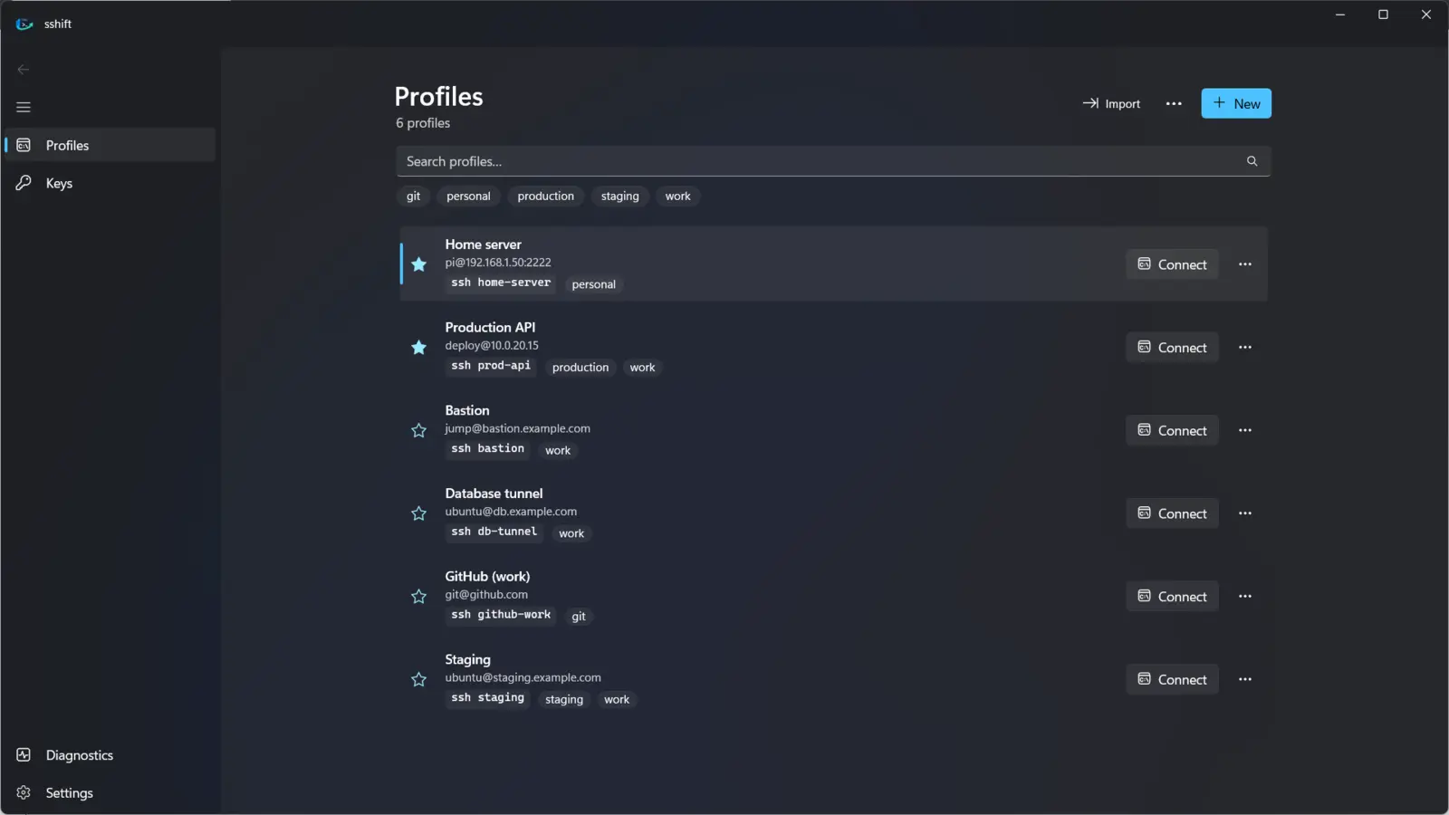 sshift profile list with favorites, tags and Connect buttons
