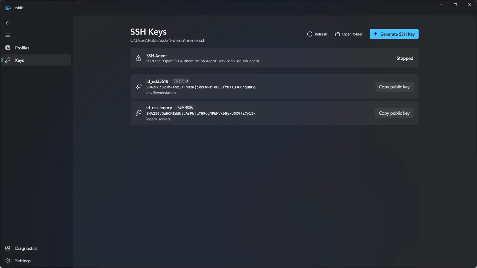 SSH keys page with fingerprints and ssh-agent status