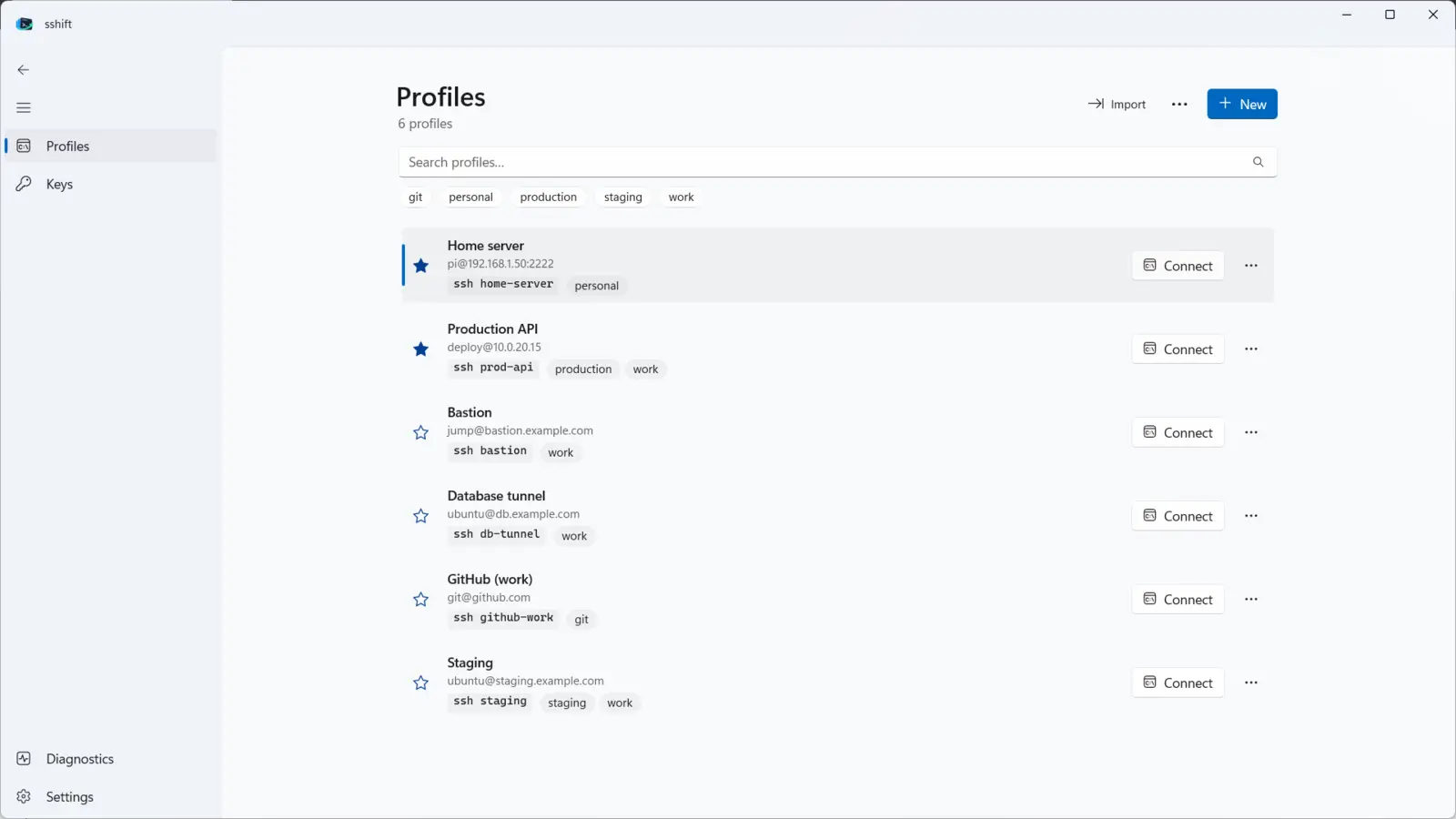 Profile list in the light theme